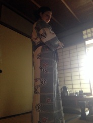 Our Japanese bathrobes (Yukata). They gave us these robes, with silk pajamas and toe socks to wear around the ryokan.