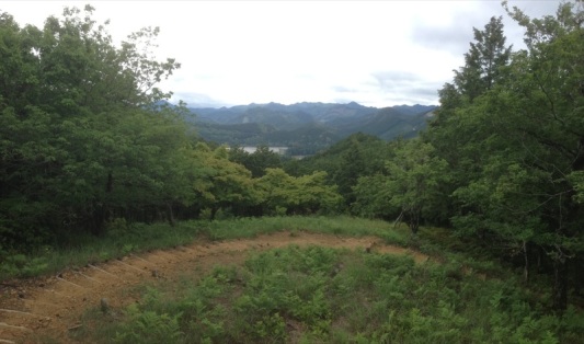 This view overlooks the grounds that had the biggest shrine ever built on it. But floods washed it away. Now, there is a giant gate (also the biggest gate in Japan) marking the spot where the temple stood. I you look through the trees to the water you can just make it out.